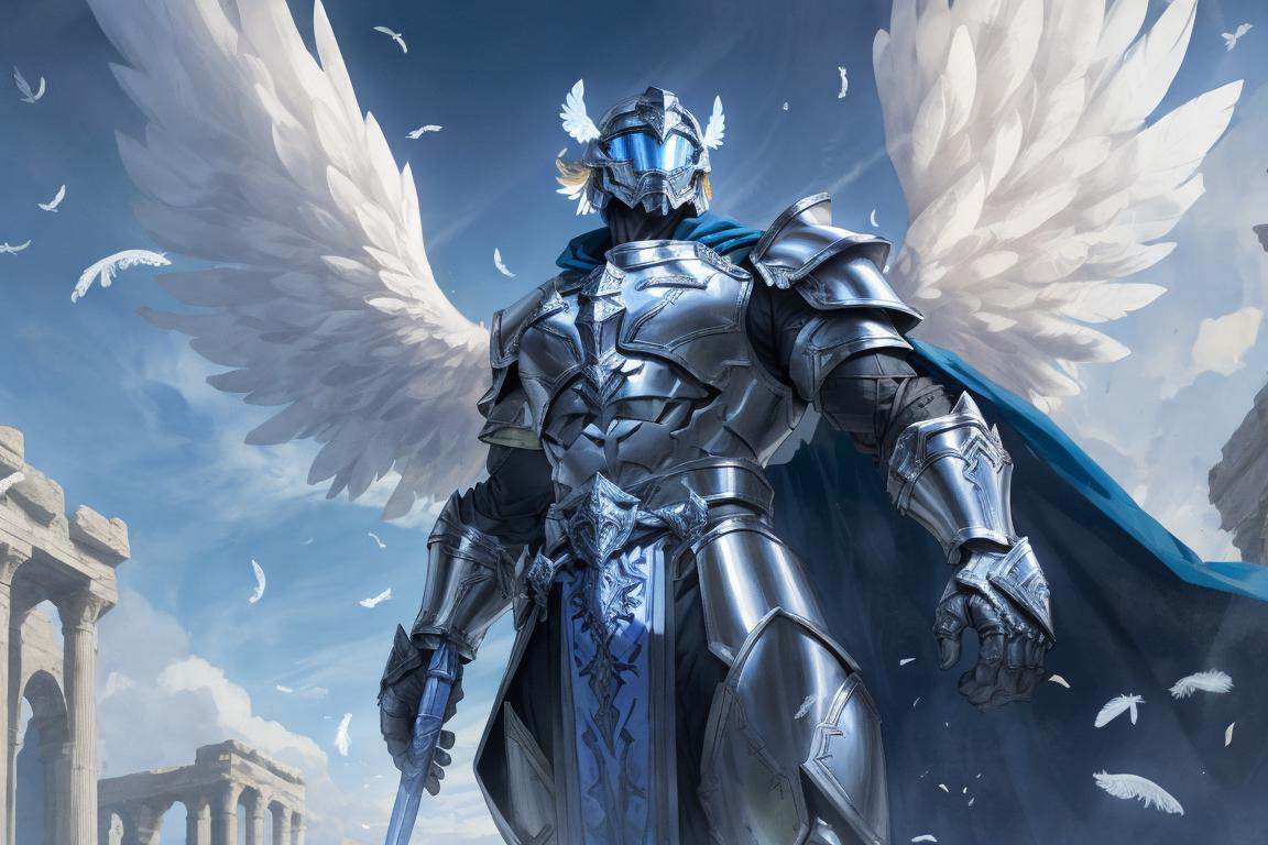dramatic portrait of a powerful archangel wearing glowing plate armor and helmet in elysium,  halo, on Tensor.Art