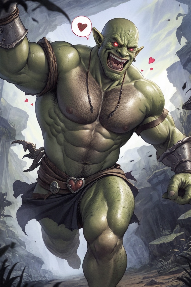 grinning,  pov,  face portrait of an orc warrior with green skin aggressively running toward the viewer on Tensor.Art