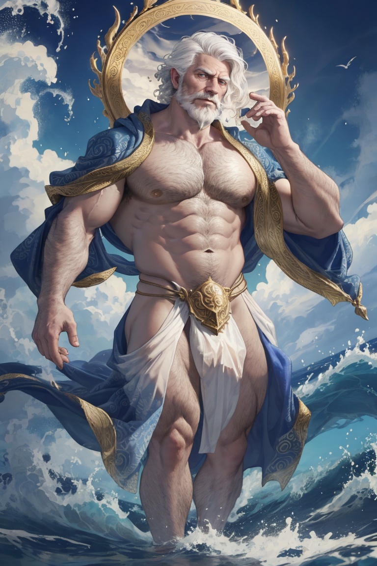 face portrait of Proteus the god of the ocean shrouded in mysterious swirling waves,  wearing open silk robes with intrica...