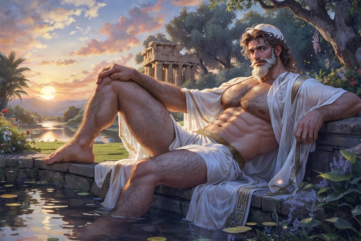 close up,  historical portrait of an ancient greek man lounging in a lush garden,  wearing white greek toga on Tensor.Art