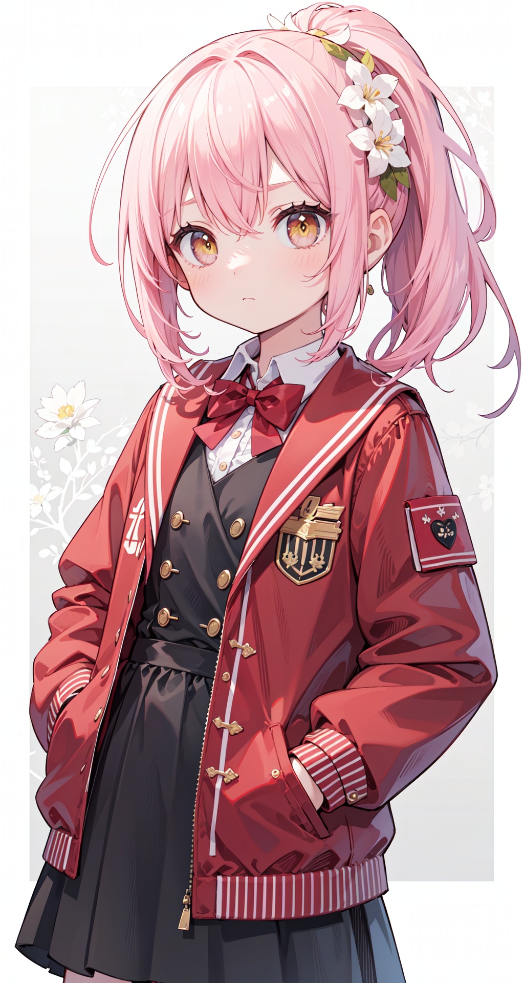  (best quality), ((masterpiece)), (highres), original, extremely detailed wallpaper, (an extremely delicate and beautiful),(loli),(petite),Pink hair,Yellow eyes, (red Jacket),high ponytail,white collared shirt,hair flower,fipped hair,floating hair,Frown,hands in pockets,black dress,red bowtie,(solo)