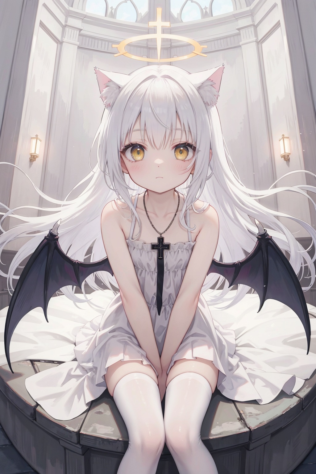  white hair,yellow eyes,looking up,stockings,long hair,hime cut,messy hair,floating hair,demon wings,halo,cross necklace,holy,divinity,shine,holy light,cat girl,(loli),(petite),solo,