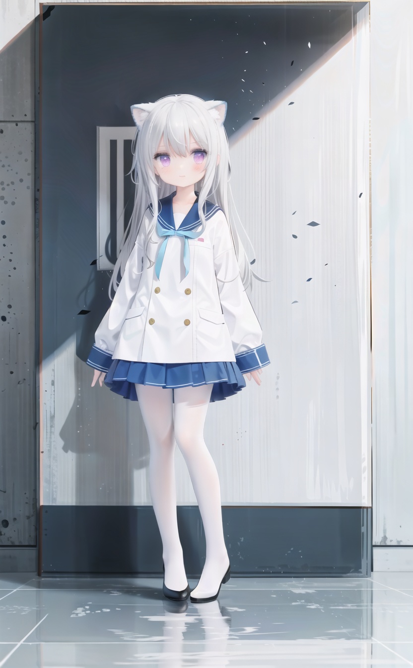 (cowboy shot,very long hair:1),50785533T,50785533T,50785533T,cute,Infant,solo blue shirt,blue sailor coat,loli,full body,white hair,snow leopard ear,white background,pink eyes,laugh,happy,white pantihose,white pantyhose,red armband,reflection,reflection,reflection,