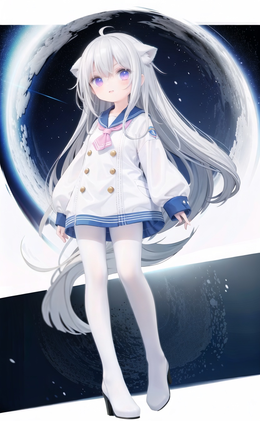 (cowboy shot,very long hair:1),12209345t,12209345t,12209345t,cute,Infant,solo blue shirt,blue sailor coat,loli,full body,white hair,snow leopard ear,white background,pink eyes,laugh,happy,white pantihose,white pantyhose,red armband,,star_(sky),night,starry_sky