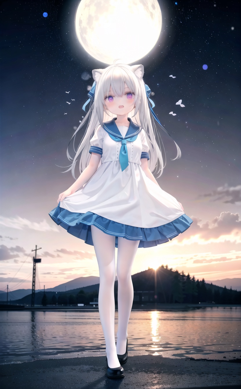 (cowboy shot,very long hair:1),50785533T,50785533T,50785533T,cute,Infant,solo blue shirt,blue sailor coat,loli,full body,white hair,snow leopard ear,white background,pink eyes,laugh,happy,white pantihose,white pantyhose,red armband,sunset,sunset,sunset,