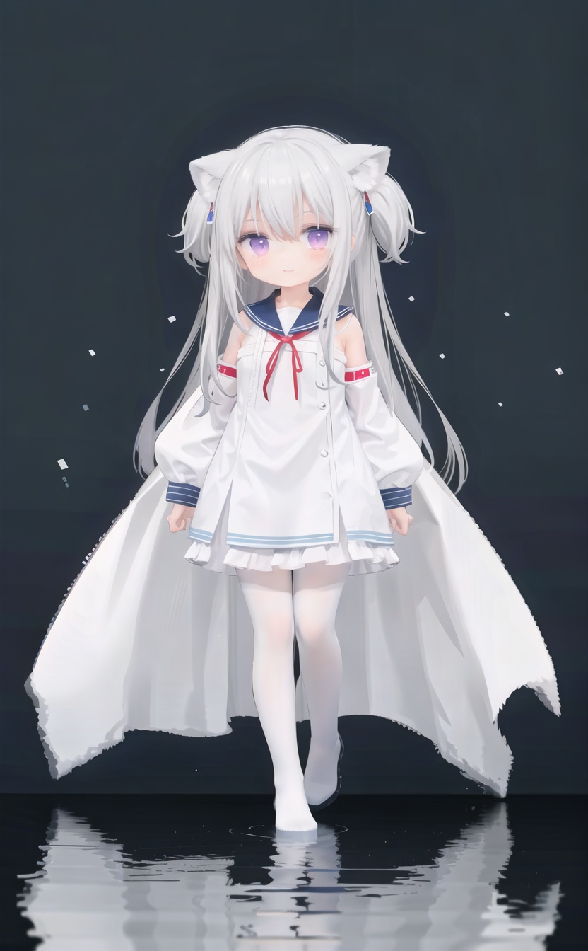 (cowboy shot,very long hair:1),12209345t,12209345t,12209345t,cute,Infant,solo blue shirt,blue sailor coat,loli,full body,white hair,snow leopard ear,white background,pink eyes,laugh,happy,white pantihose,white pantyhose,red armband,reflection,reflection,reflection, sunset