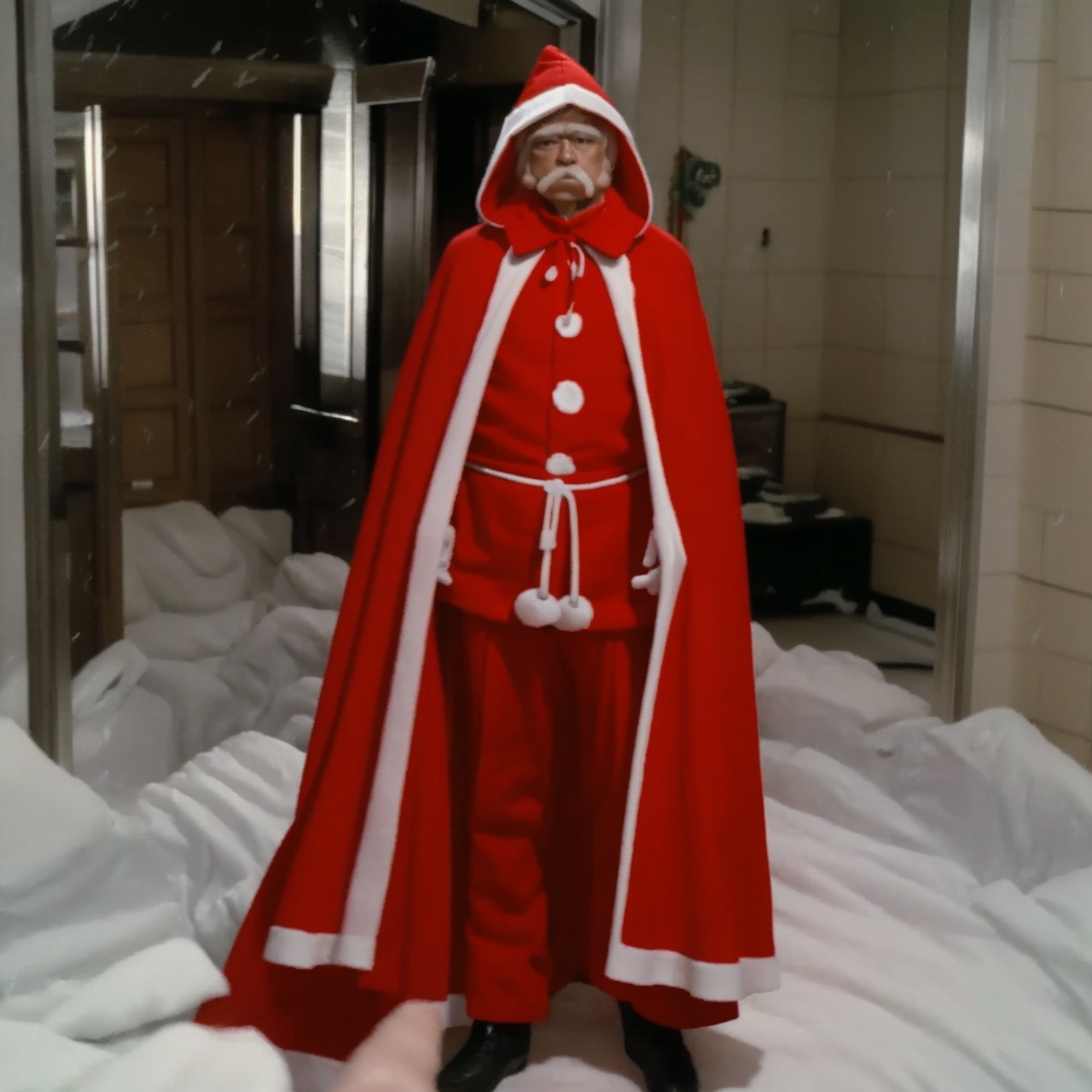  (masterpiece:1.3),(the best quality:1.2),(super fine illustrations:1.2),(Masterpiece),high quality,high detail,(white background:1.2),looking at viewer,(SOLO:1.4),outline,simple background,fullbody,, christmas,hat,red jacket,male focus,face,mustache,old man,red hood,red capelet,red cape,red gloves,christmas ornaments,bell,white hair,red cloak,santa hat,santa costume,merry christmas,