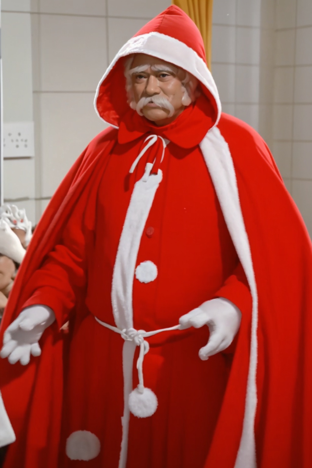  (masterpiece:1.3),(the best quality:1.2),(super fine illustrations:1.2),(Masterpiece),high quality,high detail,(white background:1.2),looking at viewer,(SOLO:1.4),outline,simple background,fullbody,, christmas,hat,red jacket,male focus,face,mustache,old man,red hood,red capelet,red cape,red gloves,christmas ornaments,bell,white hair,red cloak,santa hat,santa costume,merry christmas,