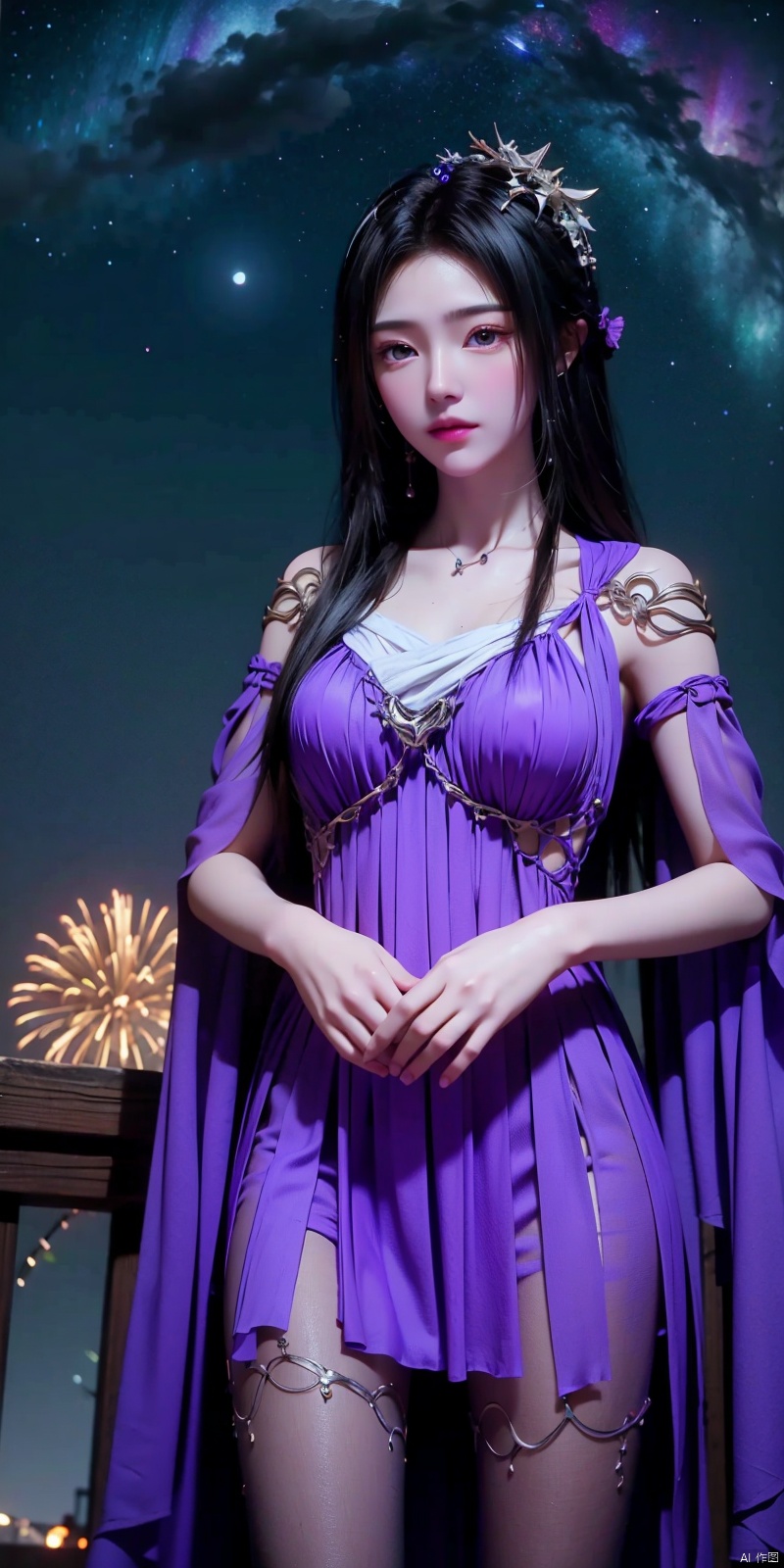   HD  ,  Super Resolution  ,  4K  ,  Fidelity  ,  Pro Photography  ,  dslr quality  , DSLR detail  ,  sharpness  , masterpiece  ,  Epic Photography 
1girl, aurora, bare_shoulders, city_lights, constellation, crescent_moon, dress, , fireworks, galaxy, gloves, light_particles, long_hair, milky_way, moon, moonlight, night, night_sky, planet, purple_sky, shooting_star, sky, sleeveless, solo, space, standing, starry_sky, white_dress, blackpantyhose, ziling,(upper_body ),purple eyes,hair ornament