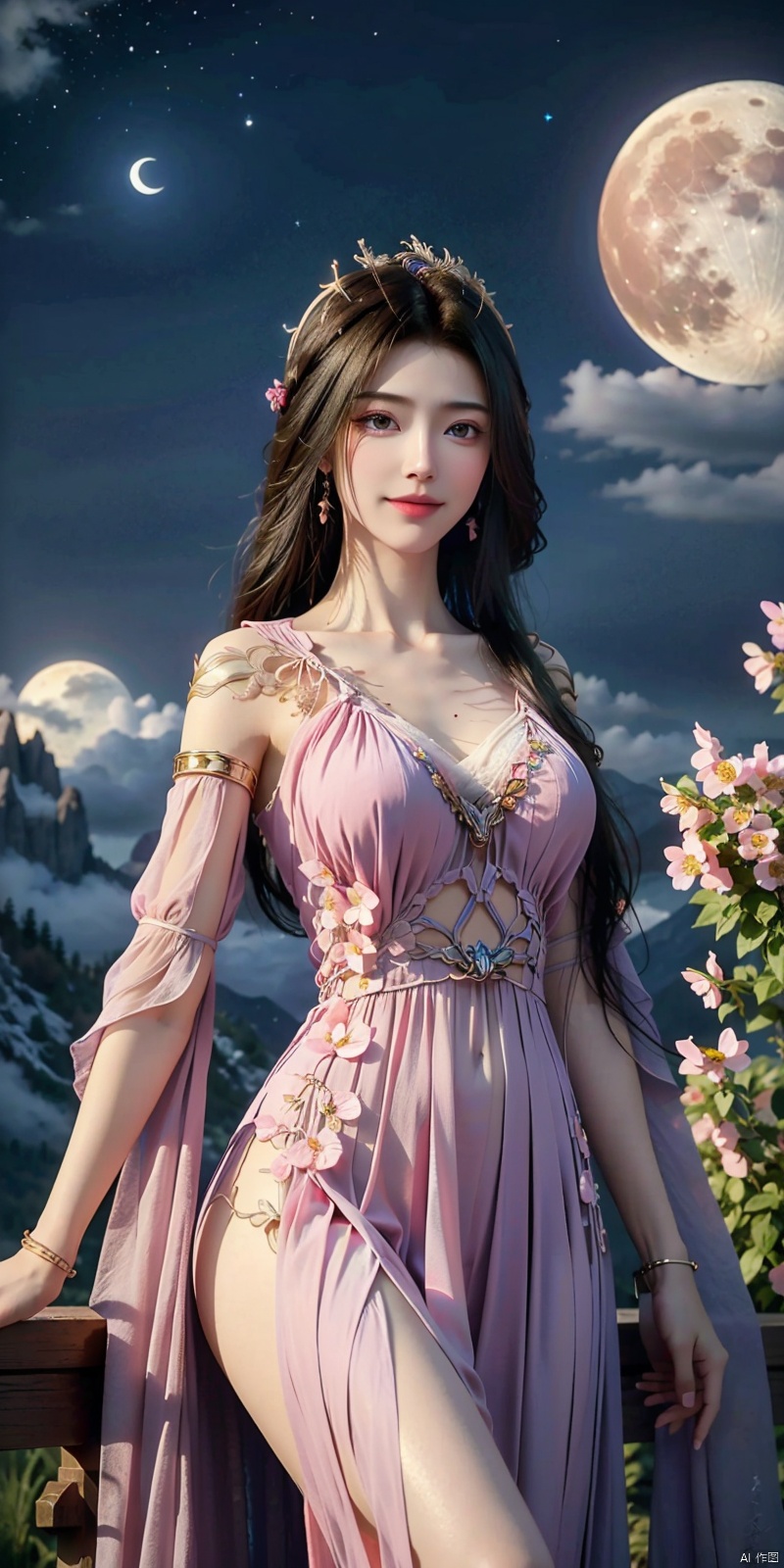  (HD: 1.0) , (HD: 1.0) , (Super Resolution: 1.0) , (4K: 1.0) , (Fidelity: 1.0) , (Pro Photography: 1.0) , (dslr quality: 1.0) , (DSLR detail: 1.0) , (sharpness: 1.0) , (masterpiece: 1.2) , (Epic Photography: 1.2) , 1 Girl, black hair, blue butterfly, pretty butterfly, shiny butterfly, bracelet, chest, bug, butterfly, cloud, Cloudy Sky, Pink Sky, pretty dress, white tulle dress, flowers, big Full Moon, jewelry, Long Hair, moon, Moonlight, Mountain, Mountain Horizon, night sky, outdoor, planet, Pink Sky, Sky, alone, (lying), stars (Sky) , gorgeous sky, very long hair,（so many flowers）,looking_at_viewer,kind smile, ziling
