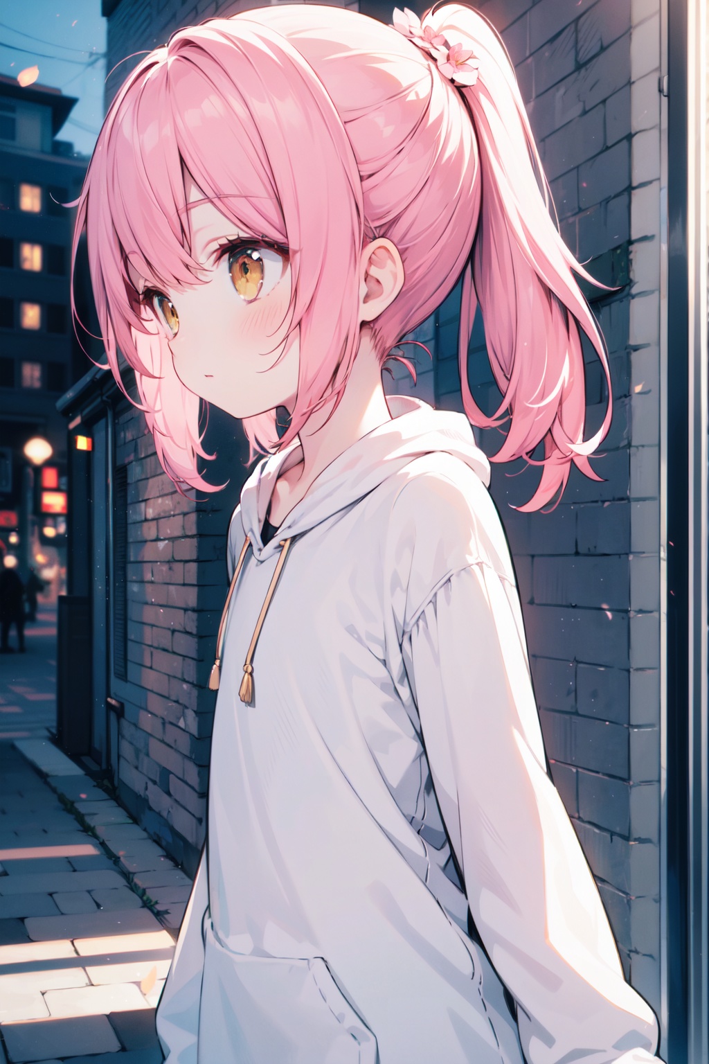 (best quality), ((masterpiece)), (highres),standing,original, extremely detailed wallpaper, (an extremely delicate and beautiful),(loli),(petite),loose clothes,Pink hair,Yellow eyes,high ponytail,hair flower,fipped hair,floating hair,(solo),street,city,focused,solo