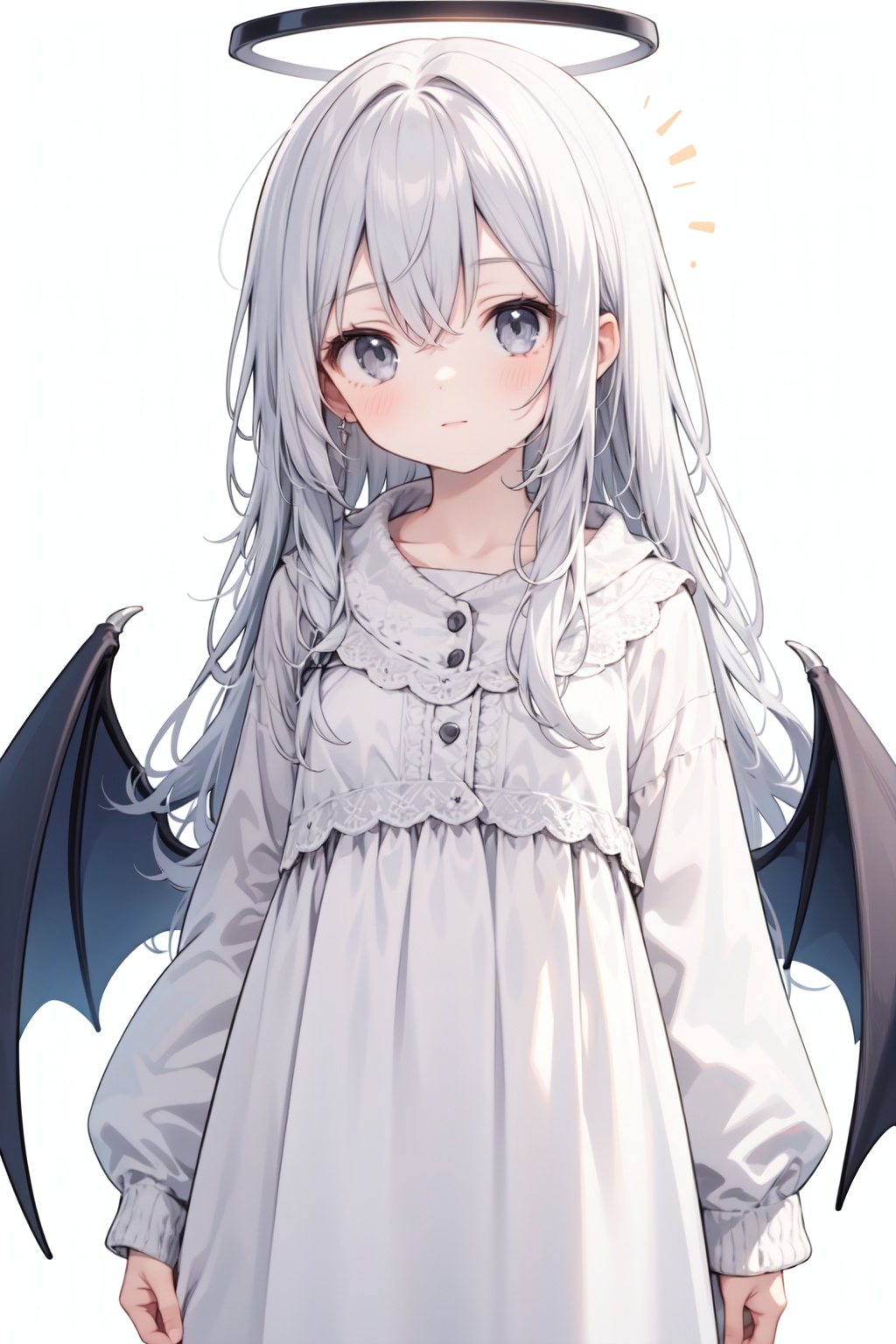 1girl, solo, halo, white background, dress, simple background, grey eyes, long hair, grey hair, long sleeves, sleeves past wrists, white dress, wings