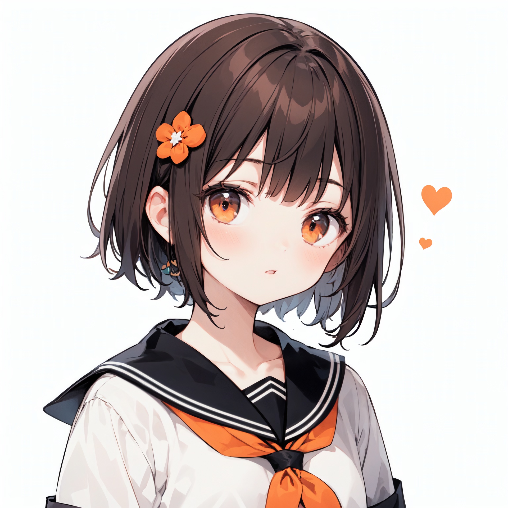  solo, 1girl,simple background, bangs, hair ornament, serafuku,short hair, parted lips,muted color, neckerchief, brown hair,blunt bangs,orange eyes, black sailor collar, looking at viewer,city
