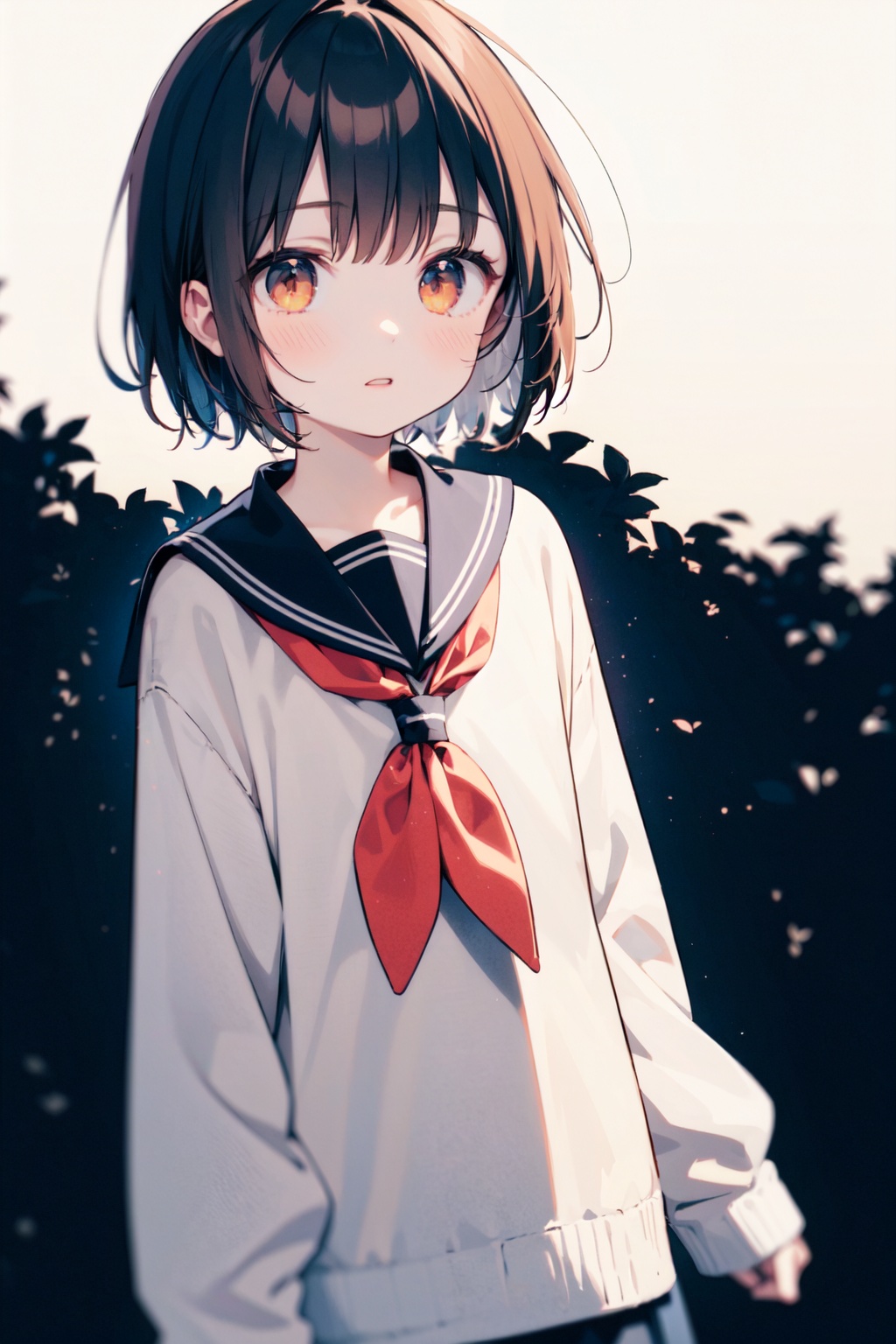  solo, 1girl, sleeves past wrists,sleeves past fingers,bangs, hair ornament, serafuku, white background, short hair, parted lips,long sleeves, muted color, neckerchief, brown hair, sailor collar,blunt bangs, cowboy shot, orange eyes, black sailor collar, looking at viewer,,(lake:1.2),(starry sky:1.2),