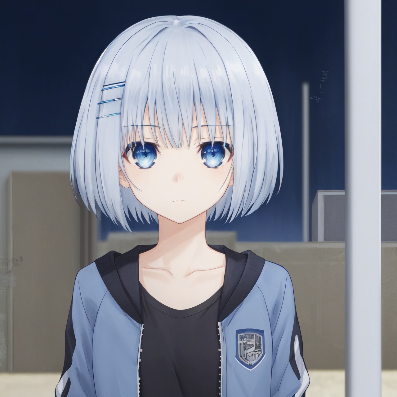 origami tobiichi, 1girl, solo, hair ornament, hairclip, blue eyes, shirt, looking at viewer, black shirt, short hair, upper body, bangs, jacket, open clothes, collarbone, closed mouth, open jacket, blue jacket, grey hair
