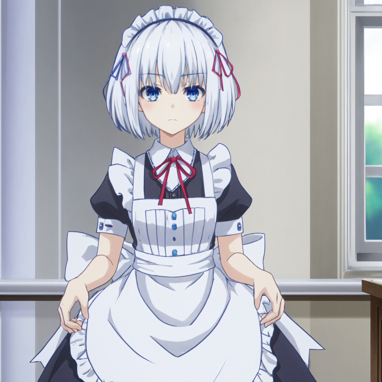 origami tobiichi, 1girl, maid, blue eyes, short hair, maid headdress, bow, apron, ribbon, 1boy, white hair, hair ribbon