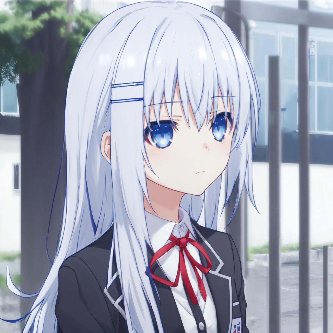 origami tobiichi, 1girl, solo, long hair, blue eyes, hair ornament, school uniform, hairclip, outdoors, jacket, white hair, ribbon, upper body, red ribbon, black jacket, hair between eyes, neck ribbon, looking at viewer, shirt, white shirt, blazer