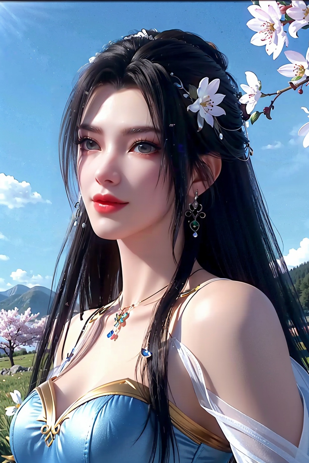  (8k, RAW photo, best quality, masterpiece:1.2),(realistic, photo-realistic:1.1),ultra-detailed,extremely detailed cg 8k wallpaper,(crystalstexture skin:1.4),(extremely delicate and beautiful),1girl, dress, gloves, long_hair, solo, white_gloves, breasts, blue_hair, hair_ornament, elbow_gloves,,1girl,portrait,long hair,solo,(smile),(glass slipper ),earrings,jewelry,closed mouth,,smile,collarbone,red lips,(white skin),outdoors,detached sleeves,perfect hand,hs,(fantastic scenery, Rainbow, Sky,cherry blossoms,flowers,butterfly,mountain,spring \(season\), ,,((looking at viewer)), 1girl,, flower_field, lips,