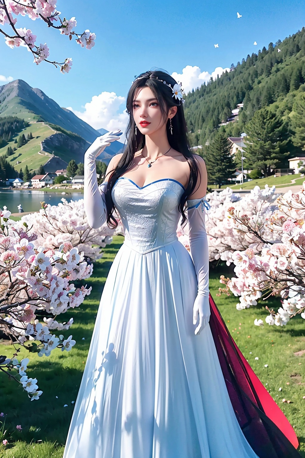  (8k, RAW photo, best quality, masterpiece:1.2),(realistic, photo-realistic:1.1),ultra-detailed,extremely detailed cg 8k wallpaper,(crystalstexture skin:1.4),(extremely delicate and beautiful),1girl, dress, gloves, long_hair, solo, white_gloves, breasts, blue_hair, hair_ornament, elbow_gloves,,1girl,portrait,long hair,solo,(smile),(glass slipper ),earrings,jewelry,closed mouth,,smile,collarbone,red lips,(white skin),outdoors,detached sleeves,perfect hand,hs,(fantastic scenery, Rainbow, Sky,cherry blossoms,flowers,butterfly,mountain,spring \(season\), ,,((looking at viewer)), 1girl,, flower_field, lips,full_body