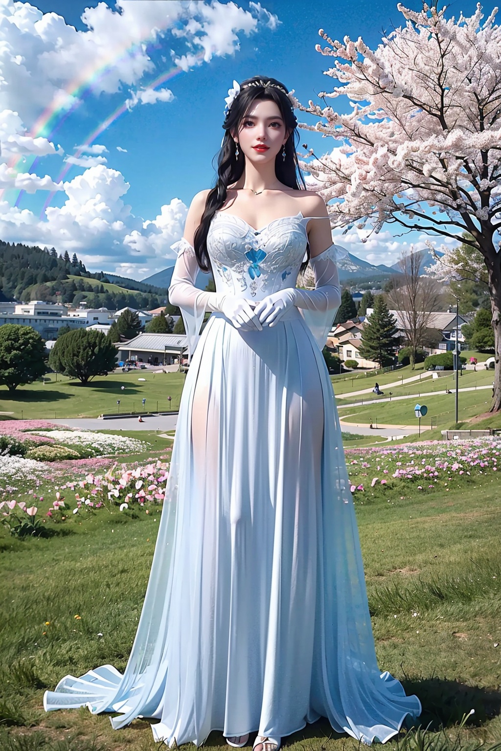  (8k, RAW photo, best quality, masterpiece:1.2),(realistic, photo-realistic:1.1),ultra-detailed,extremely detailed cg 8k wallpaper,(crystalstexture skin:1.4),(extremely delicate and beautiful),1girl, dress, gloves, long_hair, solo, white_gloves, breasts, blue_hair, hair_ornament, elbow_gloves,,1girl,portrait,long hair,solo,(smile),(glass slipper ),earrings,jewelry,closed mouth,,smile,collarbone,red lips,(white skin),outdoors,detached sleeves,perfect hand,hs,(fantastic scenery, Rainbow, Sky,cherry blossoms,flowers,butterfly,mountain,spring \(season\), ,,((looking at viewer)), 1girl,, flower_field, lips,full_body