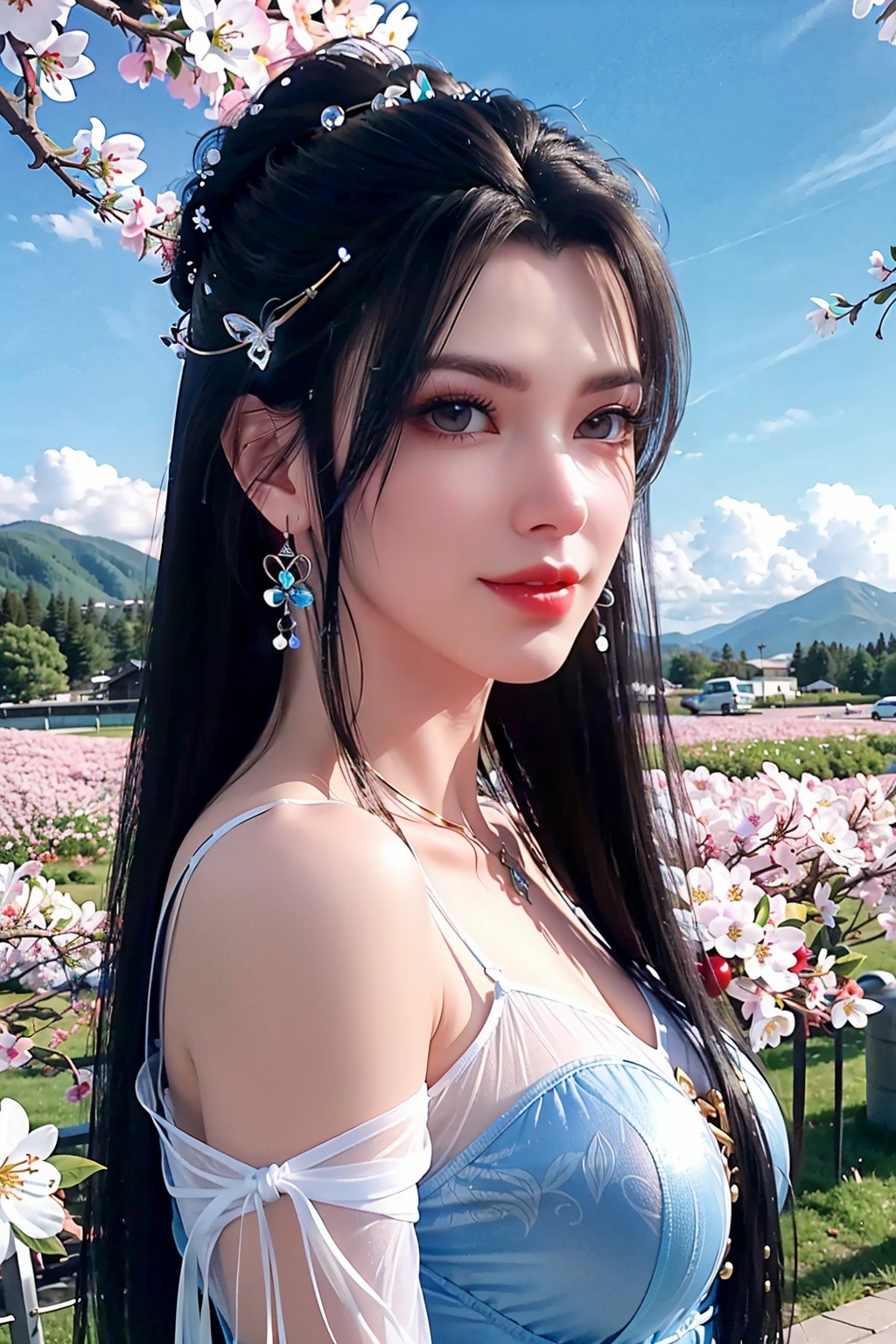  (8k, RAW photo, best quality, masterpiece:1.2),(realistic, photo-realistic:1.1),ultra-detailed,extremely detailed cg 8k wallpaper,(crystalstexture skin:1.4),(extremely delicate and beautiful),1girl, dress, gloves, long_hair, solo, white_gloves, breasts, blue_hair, hair_ornament, elbow_gloves,,1girl,portrait,long hair,solo,(smile),(glass slipper ),earrings,jewelry,closed mouth,,smile,collarbone,red lips,(white skin),outdoors,detached sleeves,perfect hand,hs,(fantastic scenery, Rainbow, Sky,cherry blossoms,flowers,butterfly,mountain,spring \(season\), ,,((looking at viewer)), 1girl,, flower_field, lips,