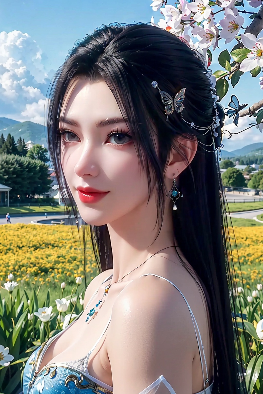  (8k, RAW photo, best quality, masterpiece:1.2),(realistic, photo-realistic:1.1),ultra-detailed,extremely detailed cg 8k wallpaper,(crystalstexture skin:1.4),(extremely delicate and beautiful),1girl, dress, gloves, long_hair, solo, white_gloves, breasts, blue_hair, hair_ornament, elbow_gloves,,1girl,portrait,long hair,solo,(smile),(glass slipper ),earrings,jewelry,closed mouth,,smile,collarbone,red lips,(white skin),outdoors,detached sleeves,perfect hand,hs,(fantastic scenery, Rainbow, Sky,cherry blossoms,flowers,butterfly,mountain,spring \(season\), ,,((looking at viewer)), 1girl,, flower_field, lips,