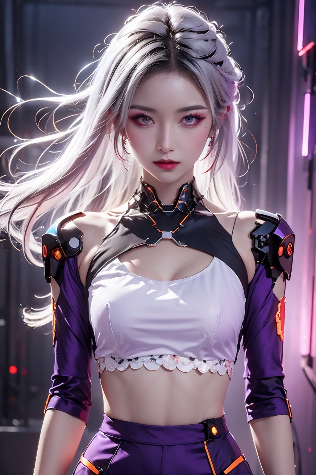 best quality, 8k, concept art, Thought-Provoking Aunt of Blood, intricate details, JoJo pose, Straps, Rings, Gloves, Low shutter, (Violet power aura:1.2), most beautiful artwork in the world, White hair,aesthetics, atmosphere, (neon,cyborg:1.1), fantasy, depth of field