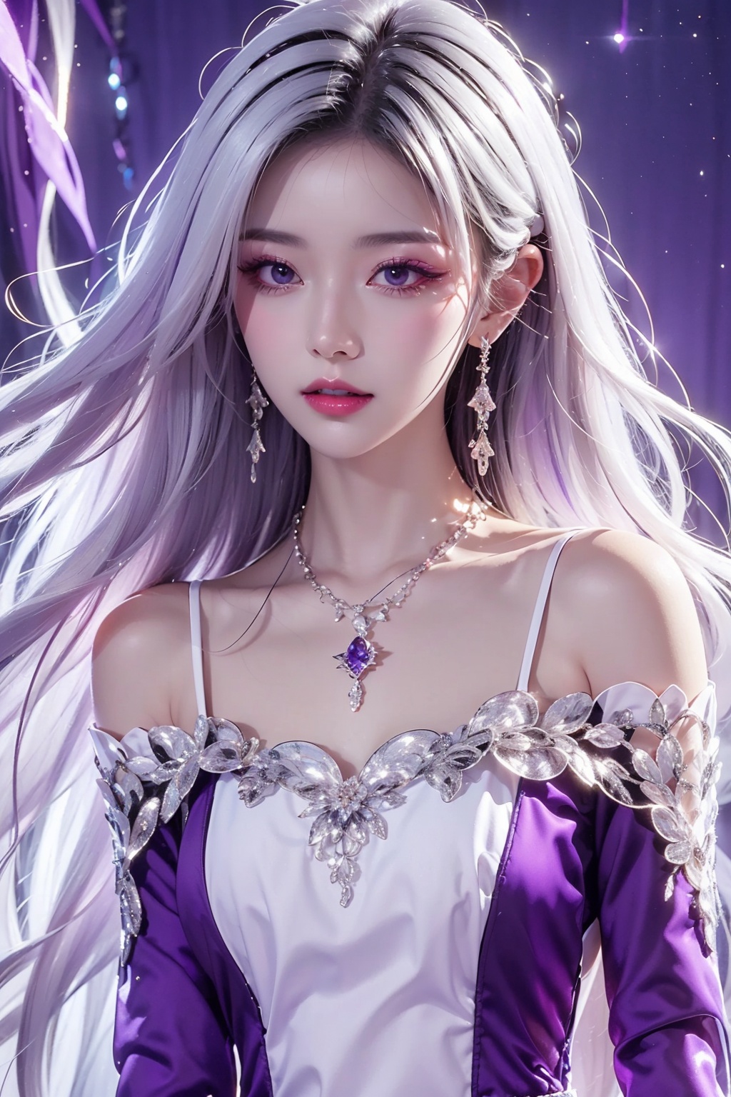 1 girl, white hair, purple power, purple white dress, jewelry,night,starry background
