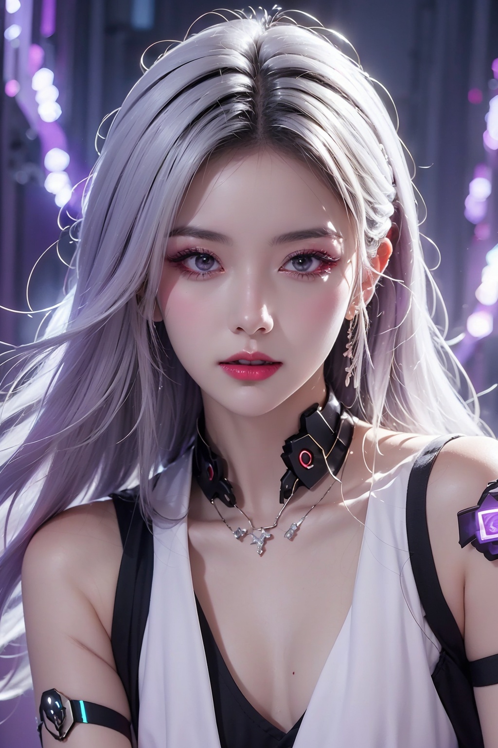  best quality, 8k, concept art, Thought-Provoking Aunt of Blood, intricate details, JoJo pose, Straps, Rings, Gloves, Low shutter, (Violet power aura:1.2), most beautiful artwork in the world, White hair,aesthetics, atmosphere, (neon,cyborg:1.1), fantasy, depth of field