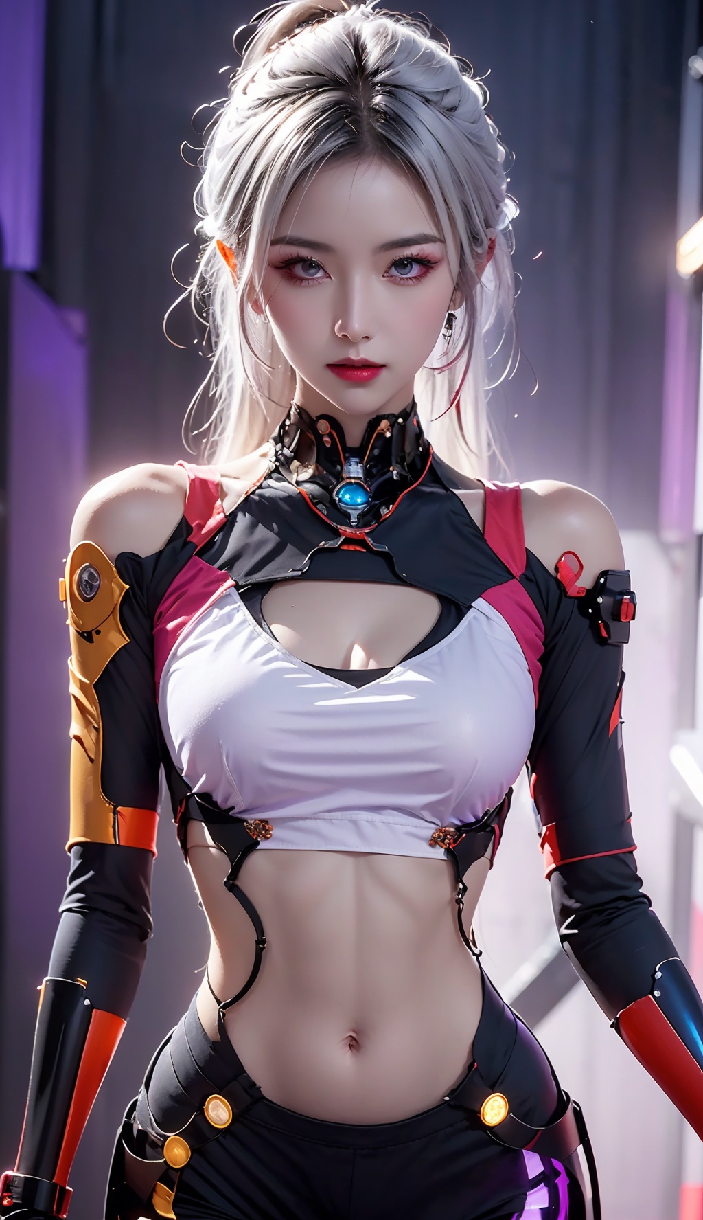 best quality, 8k, concept art, Thought-Provoking Aunt of Blood, half body,intricate details, JoJo pose, Straps, Rings, Gloves, Low shutter, (Violet power aura:1.2), most beautiful artwork in the world, navel, White hair,aesthetics, atmosphere, (neon,cyborg:1.1), fantasy,