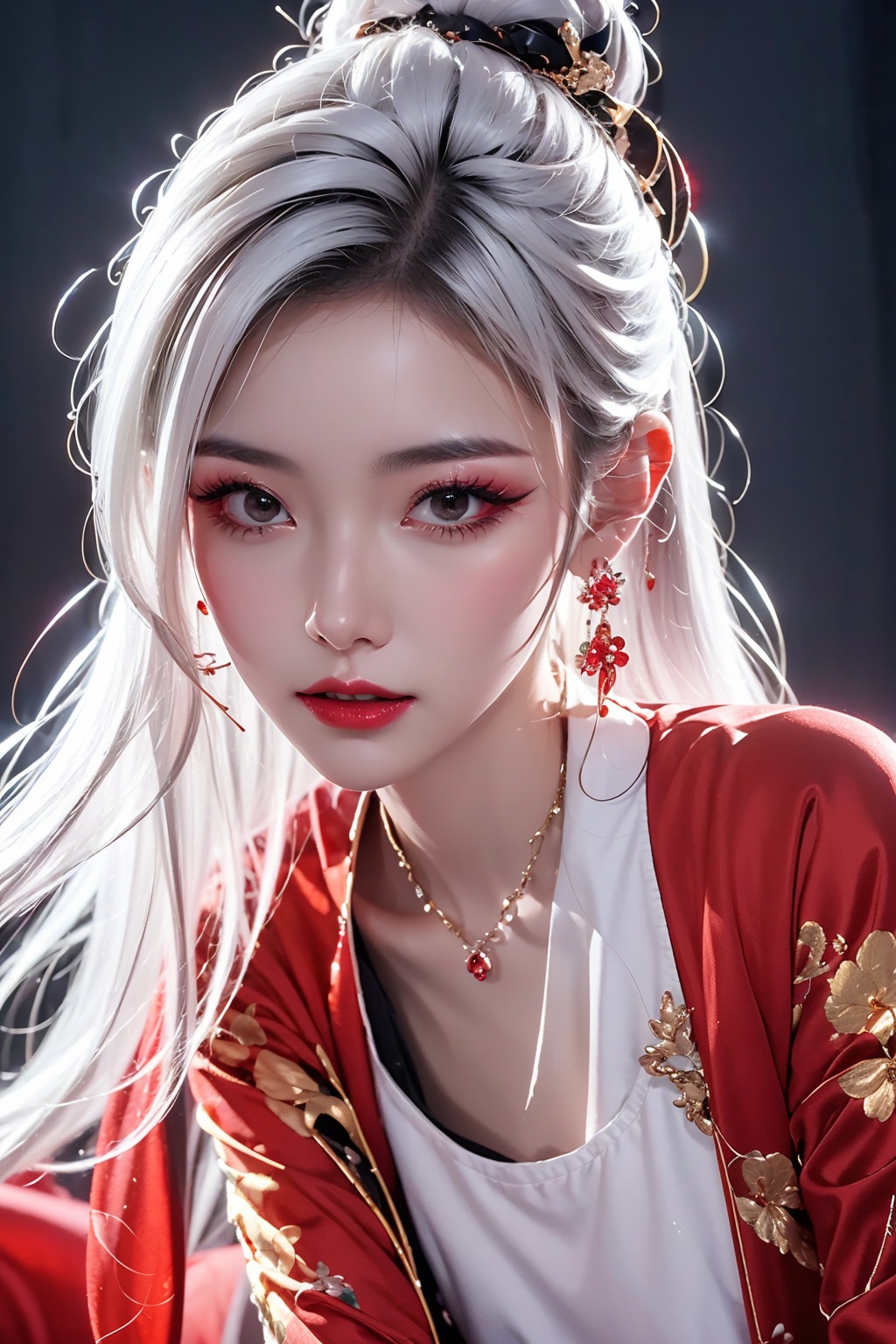  High quality, masterpiece, punk, 1girl , white hair, evening, chinese clothes, lighting,depth of field,sexy ,earrings ,jewelry
