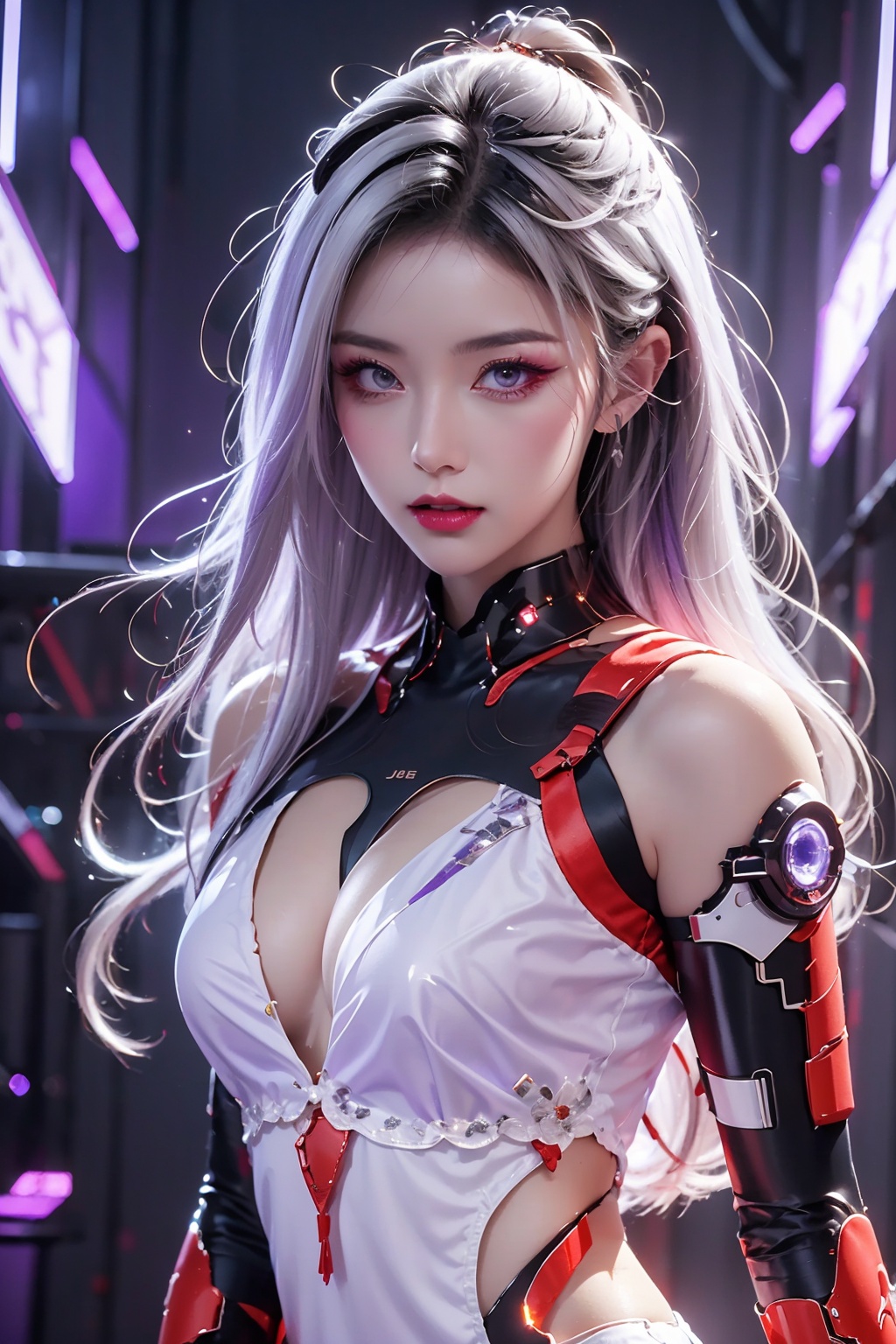 best quality, 8k, concept art, Thought-Provoking Aunt of Blood, intricate details, JoJo pose, Straps, Rings, Gloves, Low shutter, (Violet power aura:1.2), most beautiful artwork in the world, White hair,aesthetics, atmosphere, (neon,cyborg:1.1), fantasy, depth of field