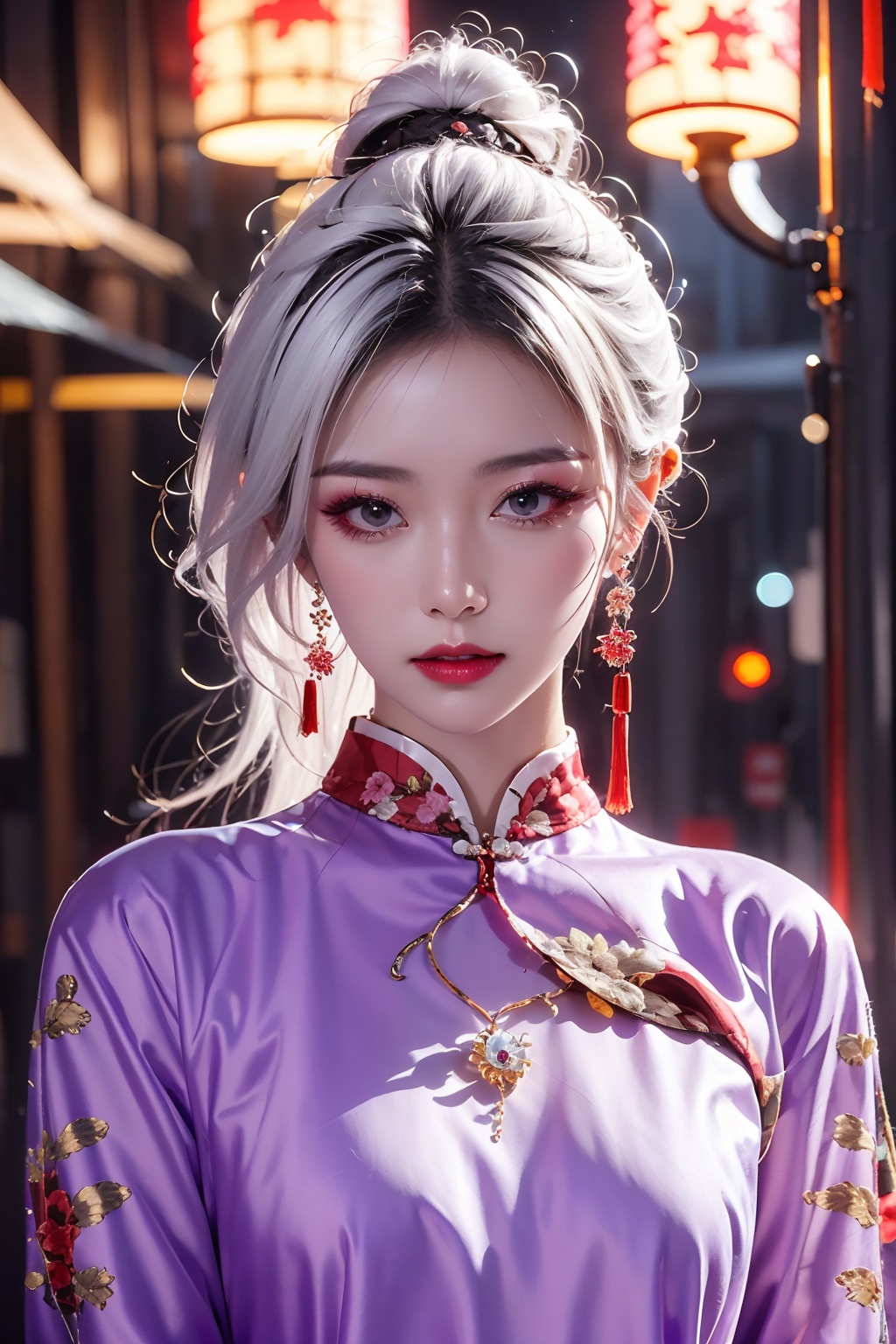  High quality, masterpiece, punk, 1girl , white hair, evening, chinese clothes, lighting,depth of field,sexy ,earrings purple power,,jewelry