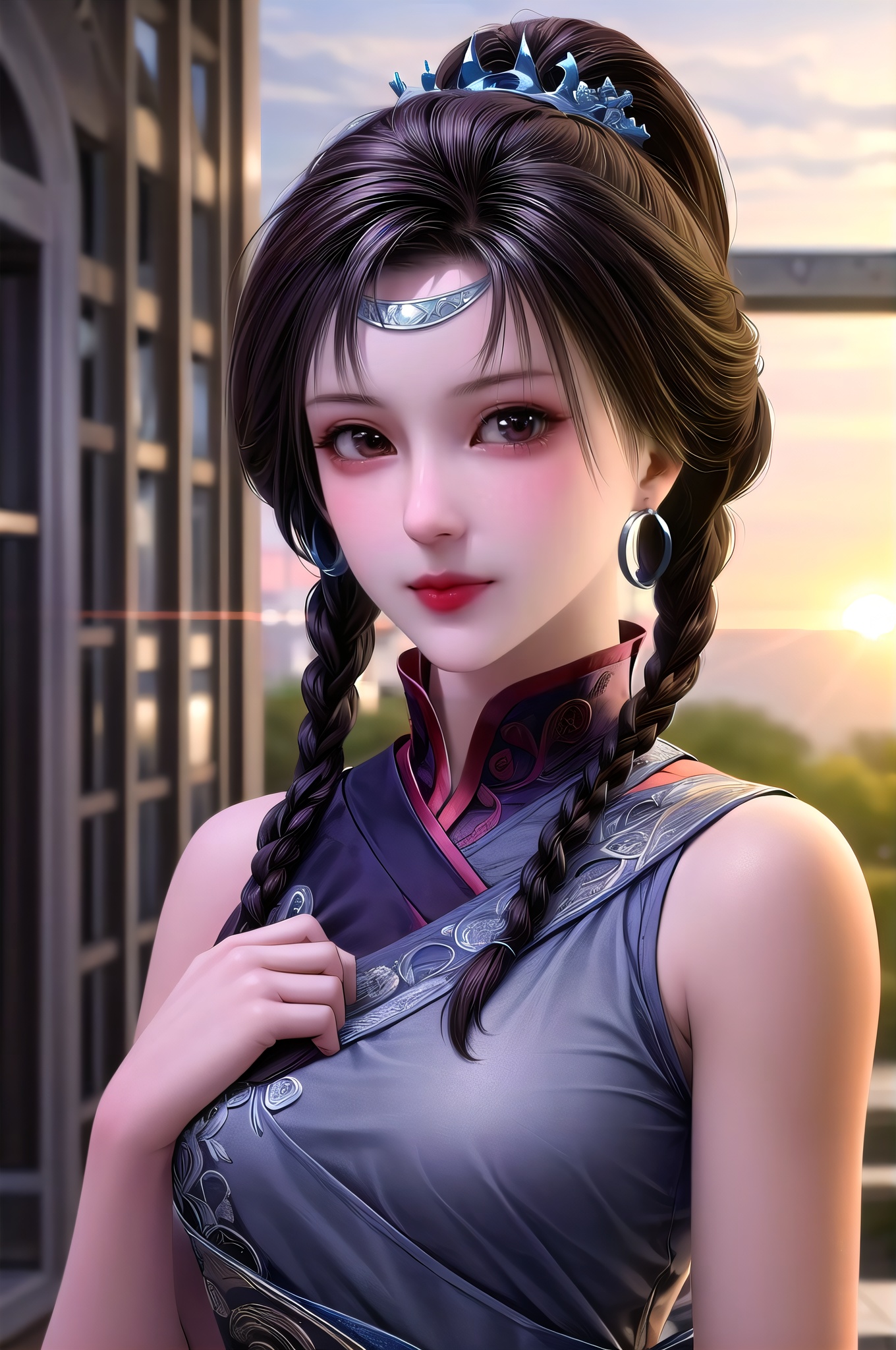 yuanshen, 1girl, solo, jewelry, earrings, brown hair, braid, realistic, twin braids, hair ornament, brown eyes, looking at viewer, lips, chinese clothes, tiara,nice hands, perfect balance,  (looking at viewer:1.5),  closed mouth,  (Light_Smile:0.3),  official art,  extremely detailed CG unity 8k wallpaper,  perfect lighting,  Colorful,  Bright_Front_face_Lighting,  White skin,  (masterpiece:1),  (best_quality:1),  ultra high res,  4K,  ultra-detailed,  photography,  8K,  HDR,  highres,  absurdres:1.2,  Kodak portra 400,  film grain,  blurry background,  bokeh:1.2,  lens flare,  (vibrant_color:1.2),  professional photograph,  (narrow_waist), dark studio