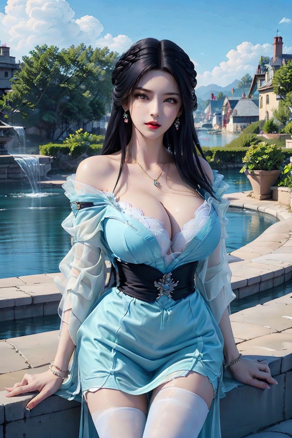  1girl, breasts, jewelry, dress, solo, white dress, long hair, necklace, cleavage, white hair, earrings, pantyhose, bracelet, looking at viewer, large breasts, red lips, blurry background, blurry, coat, tiara, makeup, night, cowboy shot, huge breasts, jacket, mature female, black pantyhose, collarbone, open coat, outdoors, bsx,moyou, yunxi,purple hair, blackpantyhose,purpleeyes,hair ornament,print legwear,argyle legwear