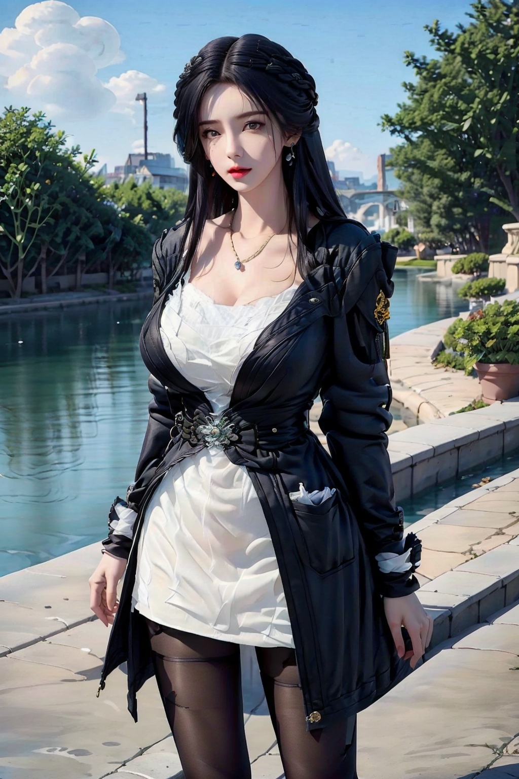  1girl, breasts, jewelry, dress, solo, white dress, long hair, necklace, cleavage, white hair, earrings, pantyhose, bracelet, looking at viewer, large breasts, red lips, blurry background, blurry, coat, tiara, makeup, night, cowboy shot, huge breasts, jacket, mature female, black pantyhose, collarbone, open coat, outdoors, bsx,moyou, yunxi,purple hair, blackpantyhose,purpleeyes,hair ornament