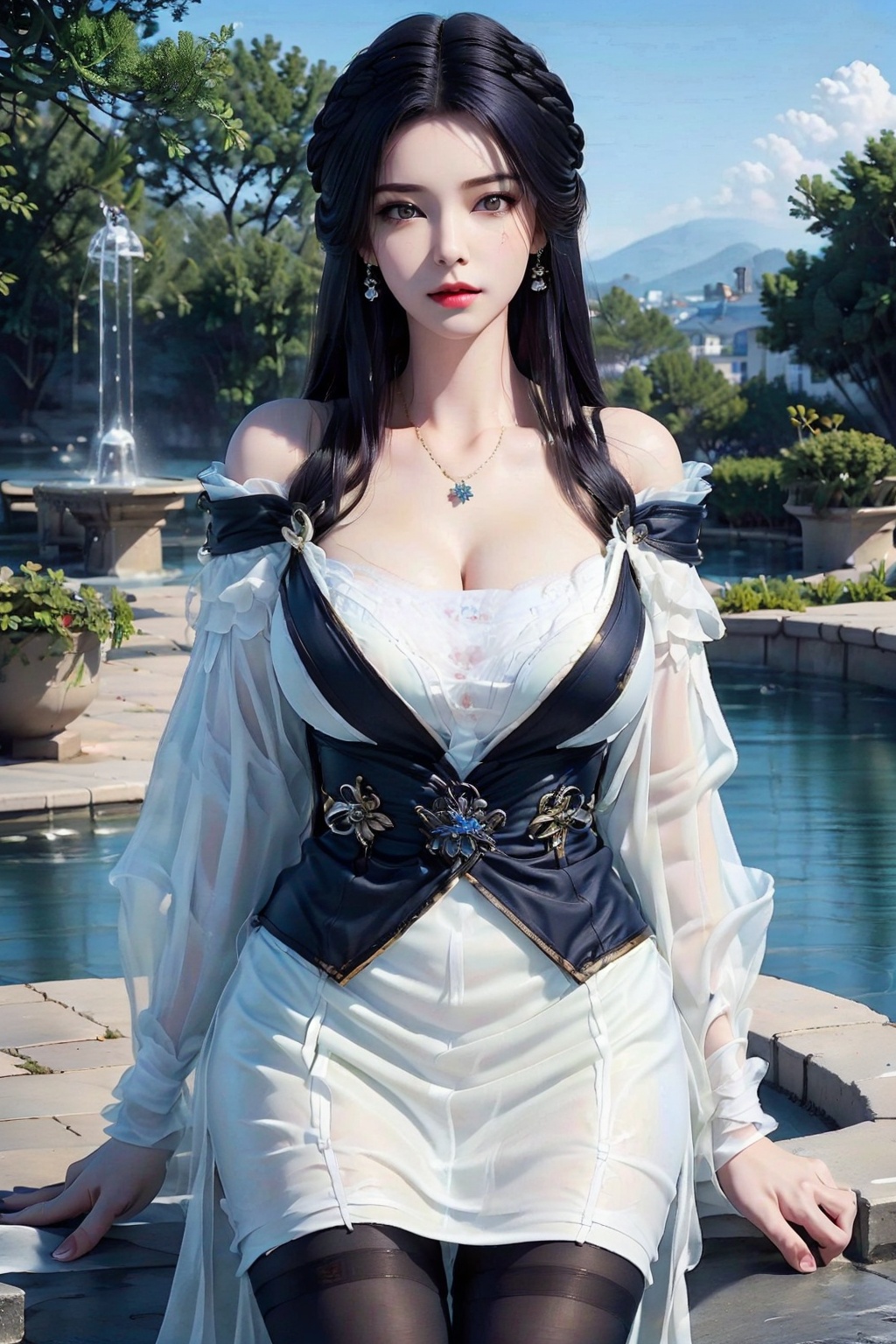  1girl, breasts, jewelry, dress, solo, white dress, long hair, necklace, cleavage, white hair, earrings, pantyhose, bracelet, looking at viewer, large breasts, red lips, blurry background, blurry, coat, tiara, makeup, night, cowboy shot, huge breasts, jacket, mature female, black pantyhose, collarbone, open coat, outdoors, bsx,moyou, yunxi,purple hair, blackpantyhose,purpleeyes,hair ornament,print legwear,argyle legwear