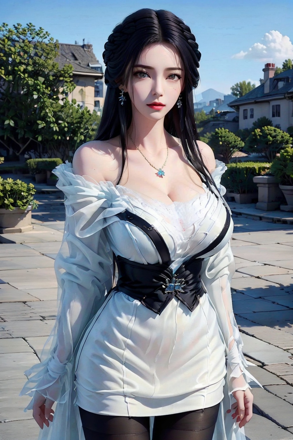  1girl, breasts, jewelry, dress, solo, white dress, long hair, necklace, cleavage, white hair, earrings, pantyhose, bracelet, looking at viewer, large breasts, red lips, blurry background, blurry, coat, tiara, makeup, night, cowboy shot, huge breasts, jacket, mature female, black pantyhose, collarbone, open coat, outdoors, bsx,moyou, yunxi,purple hair, blackpantyhose,purpleeyes,hair ornament,print legwear