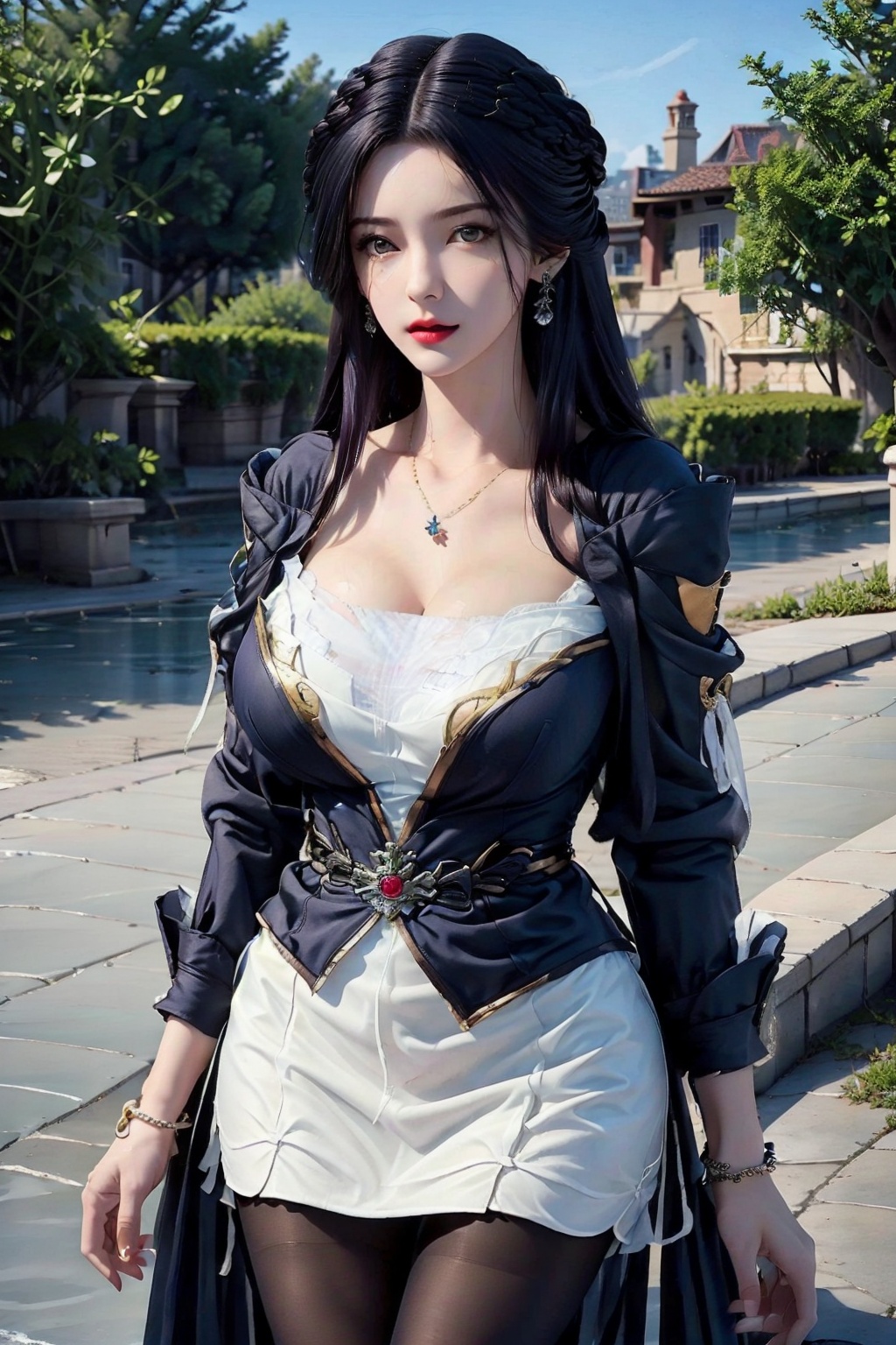  1girl, breasts, jewelry, dress, solo, white dress, long hair, necklace, cleavage, white hair, earrings, pantyhose, bracelet, looking at viewer, large breasts, red lips, blurry background, blurry, coat, tiara, makeup, night, cowboy shot, huge breasts, jacket, mature female, black pantyhose, collarbone, open coat, outdoors, bsx,moyou, yunxi,purple hair, blackpantyhose,purpleeyes,hair ornament,print legwear,argyle legwear