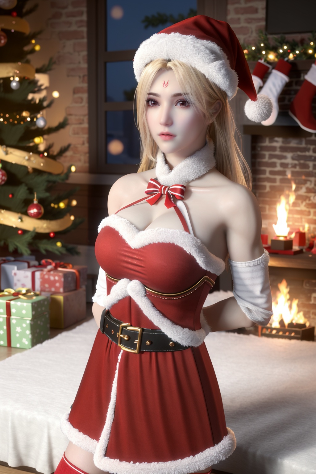 (8k, RAW photo, best quality, masterpiece:1.2),hatching (texture),skin gloss,light persona,(high detailed skin),glossy skin,1girl,solo,teddy bear,stuffed animal,gift,stuffed toy,christmas tree,christmas,box,window,gift box,fireplace,hat,santa hat,long hair,panties,indoors,candle,fire,looking at viewer,pov,red footwear,perfect body,upper body,very long hair,bare shoulders,belt,christmas,red dress,fingerless gloves,santa costume,striped thighhighs,<lora:1127圣诞:0.3>,<lora:1216sdyf:0.6>,<lora:1111白皙质感:0.3>,(arms behind back:1.2),sgmy-hd,<lora:1220上官明月白-000018:0.8>,mature women,
