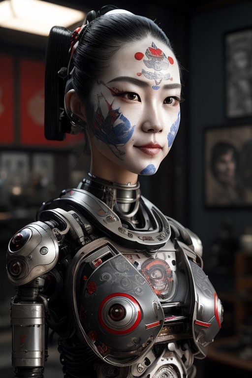 an epic fantastic realism comic book style portrait painting of a japanese robotic geisha with kanji tattoos and decals,...