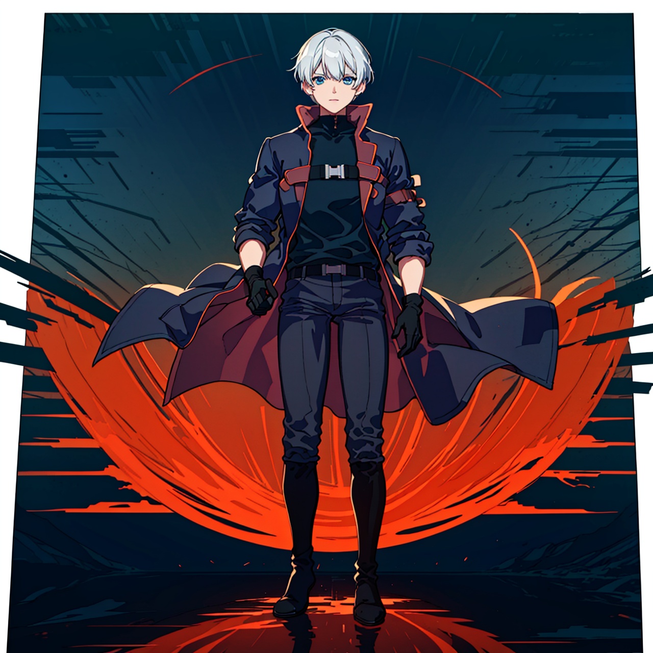  (masterpiece:1.3),(the best quality:1.2),(super fine illustrations:1.2),(Masterpiece),high quality,high detail,(white background:1.2),looking at viewer,(SOLO:1.4),outline,simple background,fullbody,, open coat,orange theme,silver hair,choker,burning,bangs,black coat,hair between eyes,long sleeves,shirt,jacket,belt,blue eyes,polearm,holding sword,black pants,black footwear,white hair,male focus,gloves,coat,boots,1boy,