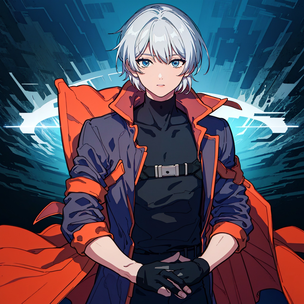 (masterpiece:1.3),(the best quality:1.2),(super fine illustrations:1.2),(Masterpiece),high quality,high detail,(white background:1.2),looking at viewer,(SOLO:1.4),outline,simple background,fullbody,, open coat,orange theme,silver hair,choker,burning,bangs,black coat,hair between eyes,long sleeves,shirt,jacket,belt,blue eyes,polearm,holding sword,black pants,black footwear,white hair,male focus,gloves,coat,boots,1boy,