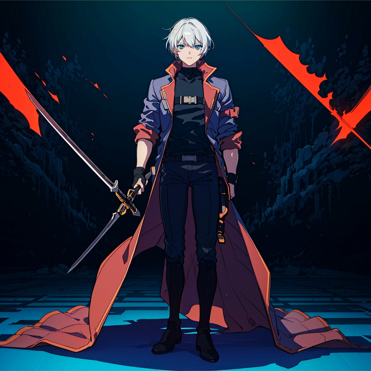  (masterpiece:1.3),(the best quality:1.2),(super fine illustrations:1.2),(Masterpiece),high quality,high detail,(white background:1.2),looking at viewer,(SOLO:1.4),outline,simple background,fullbody,, open coat,orange theme,silver hair,choker,burning,bangs,black coat,hair between eyes,long sleeves,shirt,jacket,belt,blue eyes,polearm,holding sword,black pants,black footwear,white hair,male focus,gloves,coat,boots,1boy,