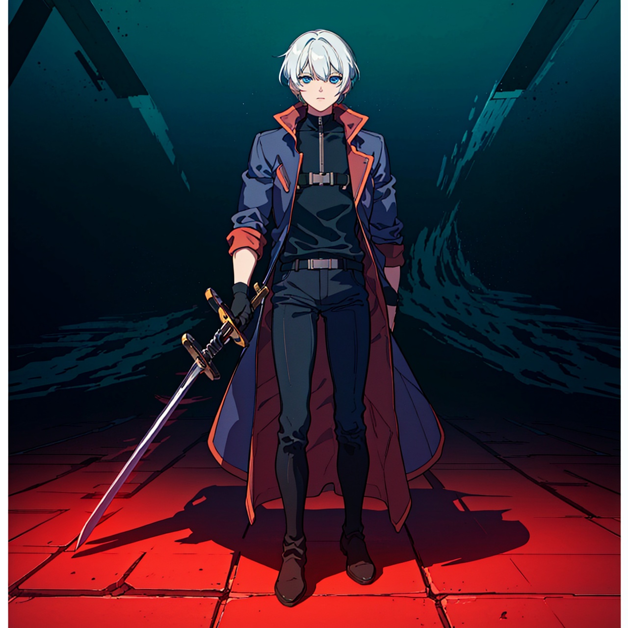 (masterpiece:1.3),(the best quality:1.2),(super fine illustrations:1.2),(Masterpiece),high quality,high detail,(white background:1.2),looking at viewer,(SOLO:1.4),outline,simple background,full body,<lora:凯文-漫画:0.8>, open coat,orange theme,silver hair,choker,burning,bangs,black coat,hair between eyes,long sleeves,shirt,jacket,belt,blue eyes,polearm,holding sword,black pants,black footwear,white hair,male focus,gloves,coat,boots,1boy,
