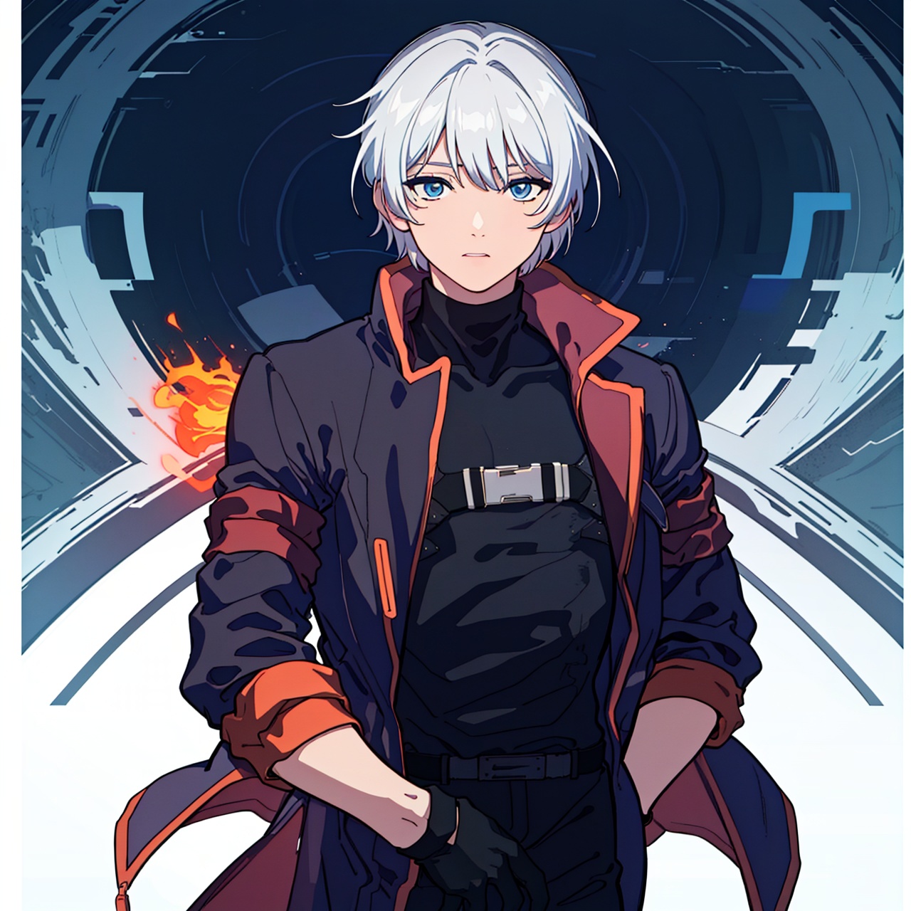  (masterpiece:1.3),(the best quality:1.2),(super fine illustrations:1.2),(Masterpiece),high quality,high detail,(white background:1.2),looking at viewer,(SOLO:1.4),outline,simple background,fullbody,, open coat,orange theme,silver hair,choker,burning,bangs,black coat,hair between eyes,long sleeves,shirt,jacket,belt,blue eyes,polearm,holding sword,black pants,black footwear,white hair,male focus,gloves,coat,boots,1boy,