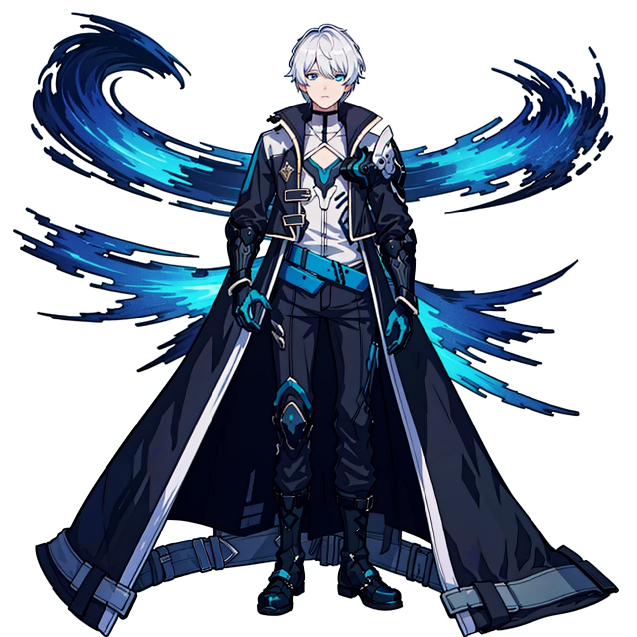 (masterpiece:1.3),(the best quality:1.2),(super fine illustrations:1.2),(Masterpiece),high quality,high detail,(white background:1.2),looking at viewer,(SOLO:1.4),outline,simple background,fullbody,, silver hair,choker,burning,bangs,black coat,hair between eyes,long sleeves,blue theme,shirt,jacket,belt,blue eyes,polearm,holding sword,black pants,black footwear,white hair,male focus,gloves,coat,boots,1boy,