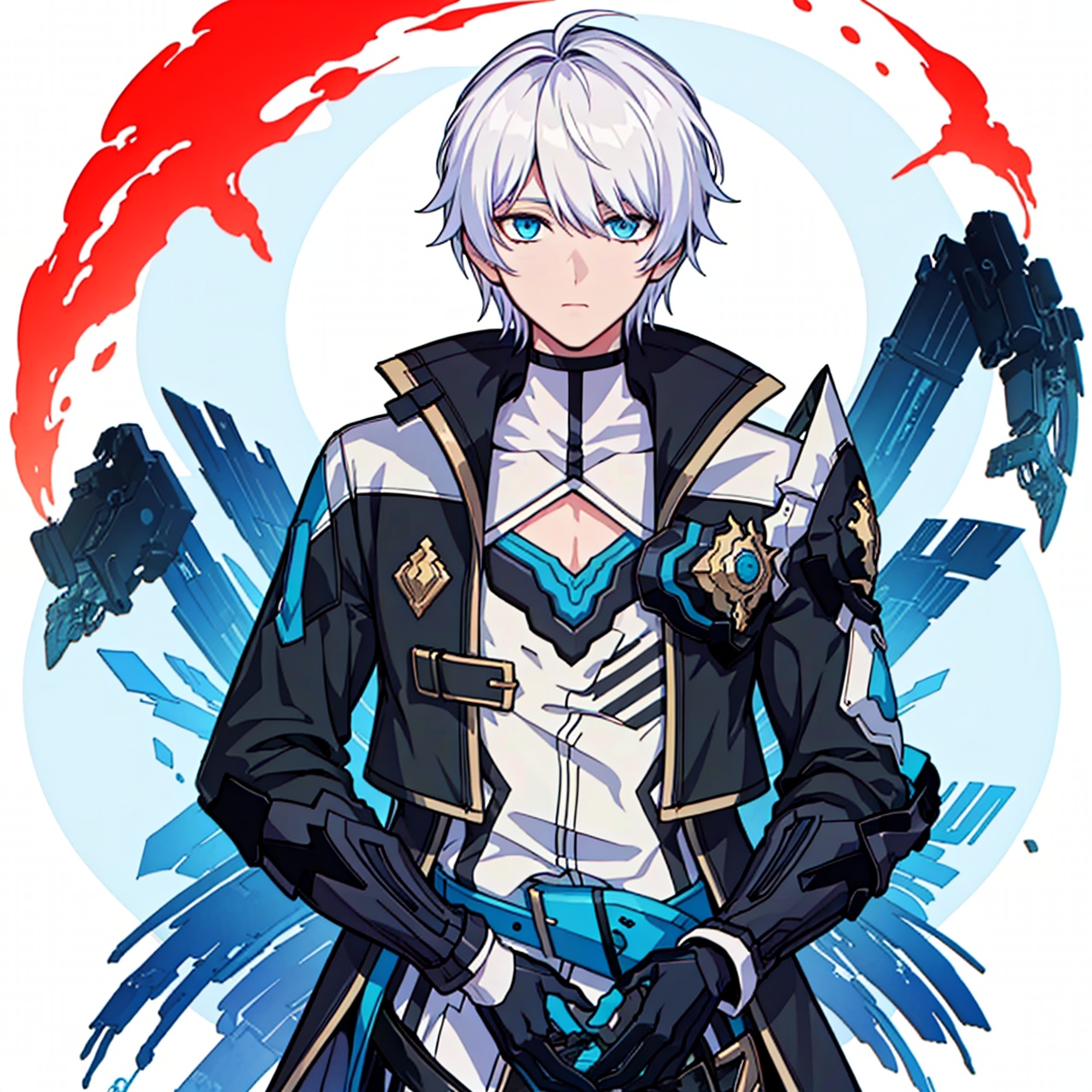  (masterpiece:1.3),(the best quality:1.2),(super fine illustrations:1.2),(Masterpiece),high quality,high detail,(white background:1.2),looking at viewer,(SOLO:1.4),outline,simple background,fullbody,, silver hair,choker,burning,bangs,black coat,hair between eyes,long sleeves,blue theme,shirt,jacket,belt,blue eyes,polearm,holding sword,black pants,black footwear,white hair,male focus,gloves,coat,boots,1boy,