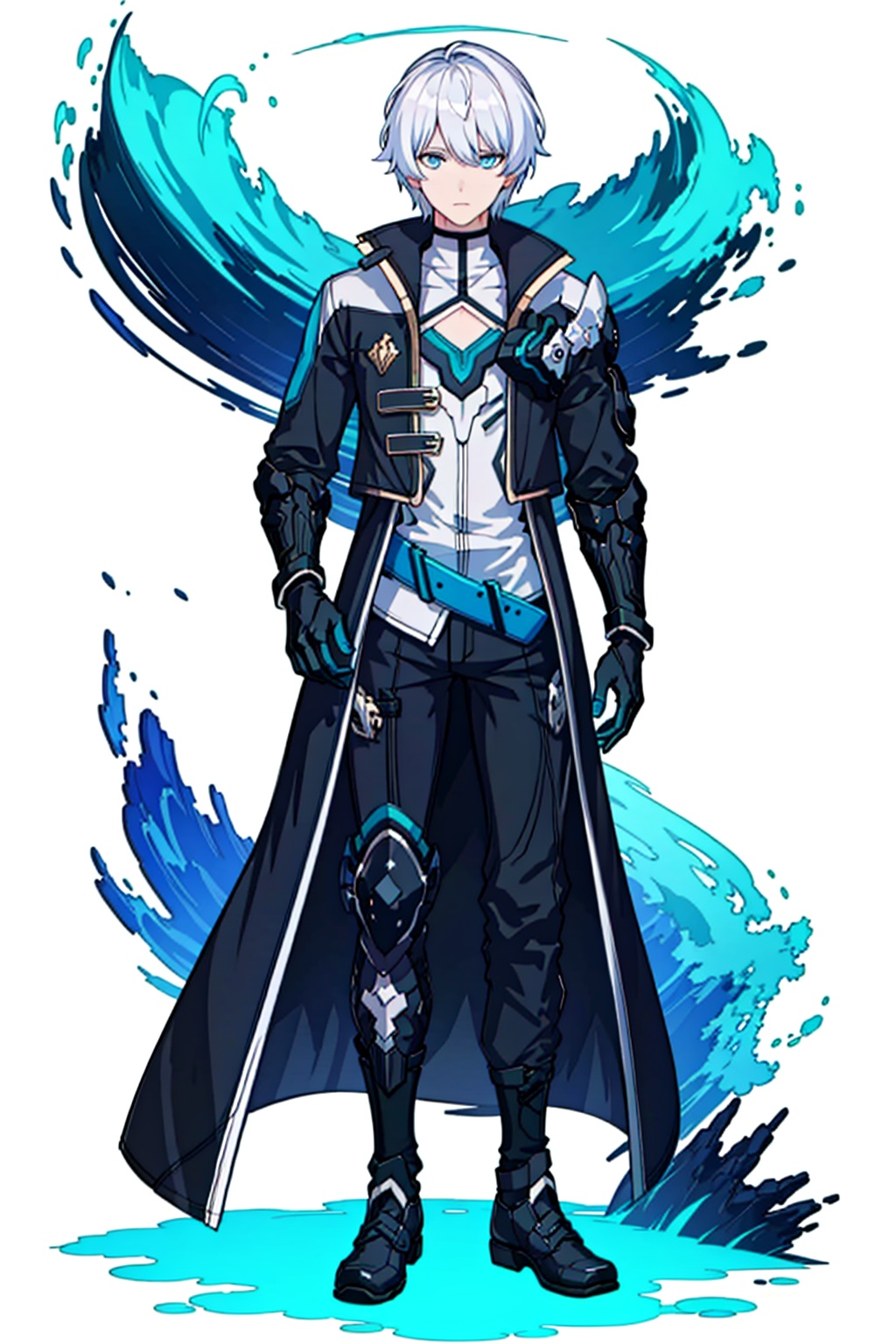  (masterpiece:1.3),(the best quality:1.2),(super fine illustrations:1.2),(Masterpiece),high quality,high detail,(white background:1.2),looking at viewer,(SOLO:1.4),outline,simple background,fullbody,, silver hair,choker,burning,bangs,black coat,hair between eyes,long sleeves,blue theme,shirt,jacket,belt,blue eyes,polearm,holding sword,black pants,black footwear,white hair,male focus,gloves,coat,boots,1boy,
