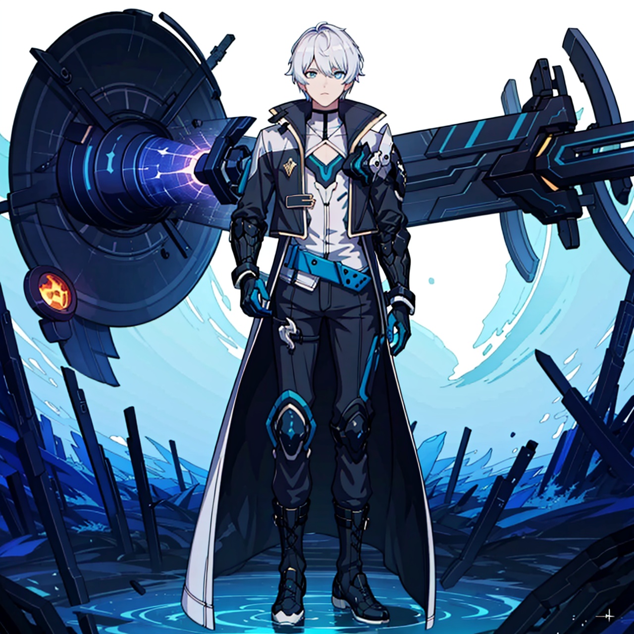  (masterpiece:1.3),(the best quality:1.2),(super fine illustrations:1.2),(Masterpiece),high quality,high detail,(white background:1.2),looking at viewer,(SOLO:1.4),outline,simple background,fullbody,, silver hair,choker,burning,bangs,black coat,hair between eyes,long sleeves,blue theme,shirt,jacket,belt,blue eyes,polearm,holding sword,black pants,black footwear,white hair,male focus,gloves,coat,boots,1boy,